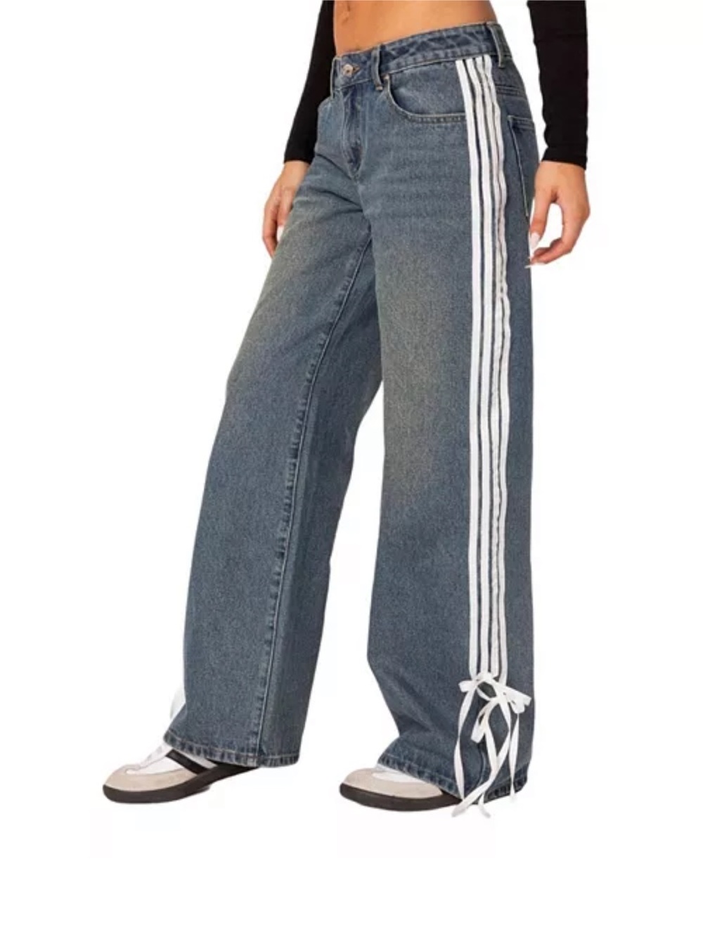 Edikted Blue Wide Leg Denim Pants with White Side Stripes